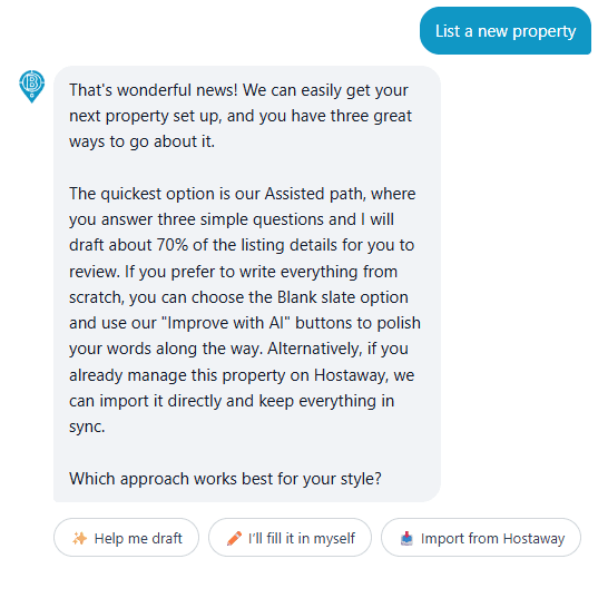 The Host Assistant offering three ways to start a listing: Help me draft, I'll fill it in myself, and Import from Hostaway.