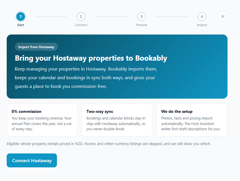 The Start screen: Bring your Hostaway properties to Bookably, with three points, 0% commission, two-way sync, and we do the setup, and a Connect Hostaway button.