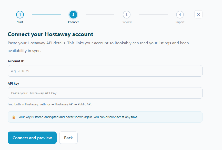 The Connect step with fields for the Hostaway Account ID and API key, a hint to find both in Hostaway under Settings, Hostaway API, Public API, and a note that the key is stored encrypted.