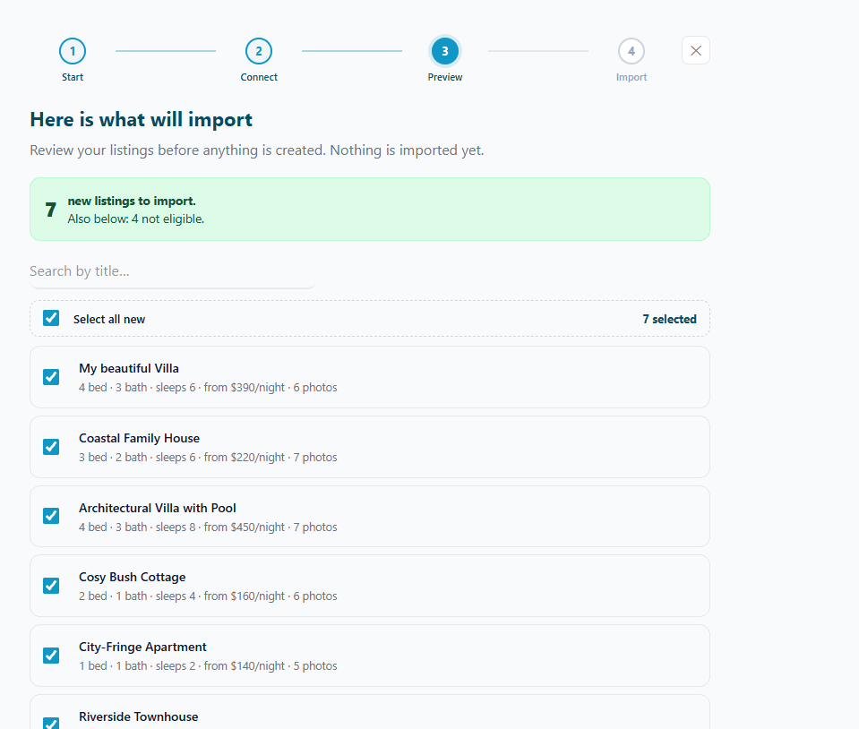 The Preview step titled Here is what will import, showing a count of new listings to import, a search box, a Select all new row, and listing rows each with a tick box.