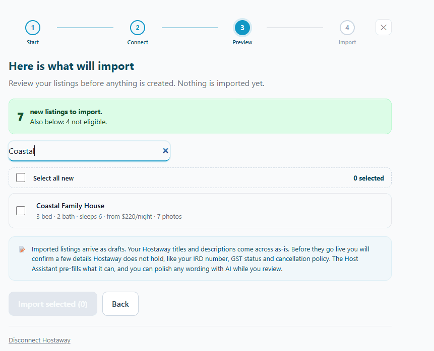 The Preview step showing the note that imported listings arrive as drafts and that a few details like IRD number, GST status and cancellation policy are confirmed before going live, with the Import selected button.