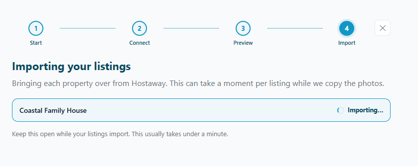 The Import step titled Importing your listings, showing a listing row marked Importing while its photos copy over.