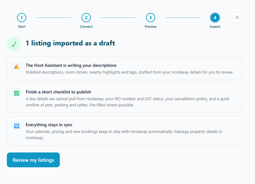 The Import step showing one listing imported as a draft, with three cards explaining that the Host Assistant is writing descriptions, a short checklist finishes before publishing, and everything stays in sync, plus a Review my listings button.