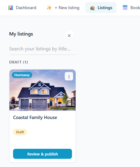 The My listings view showing a draft listing with a Hostaway badge and a Review and publish button.