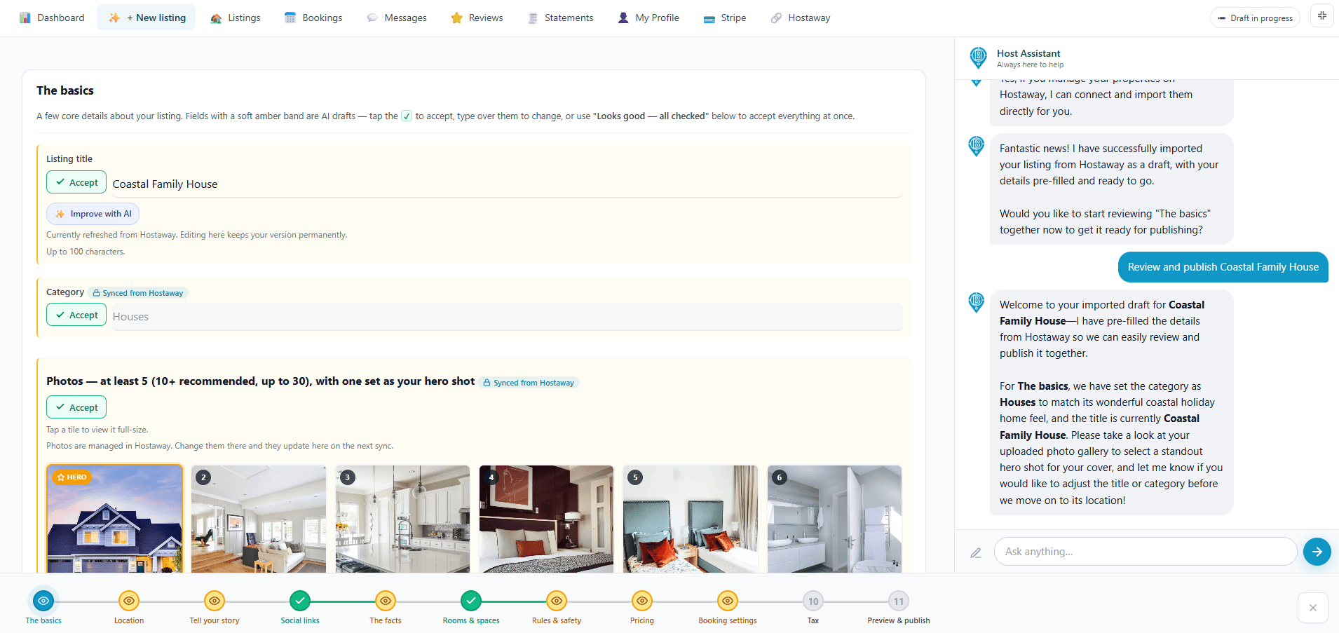 The listing builder on The basics step, with the title and category marked Synced from Hostaway, Accept and Improve with AI options, and the photo gallery imported from Hostaway.