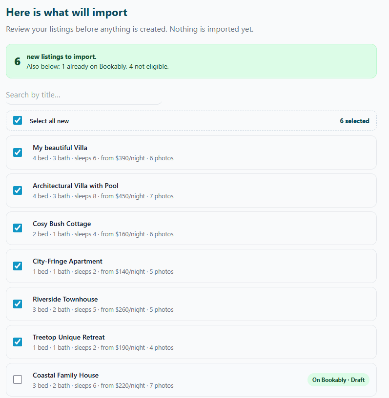 The Preview step on a later visit, showing new listings to import plus one already on Bookably marked as a draft and left unticked.
