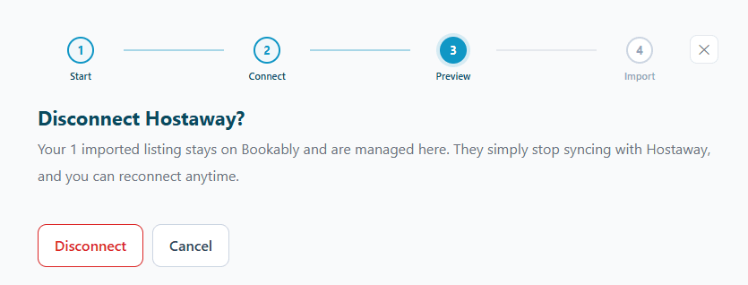 The Disconnect Hostaway confirmation, explaining that imported listings stay on Bookably and stop syncing, with Disconnect and Cancel options.