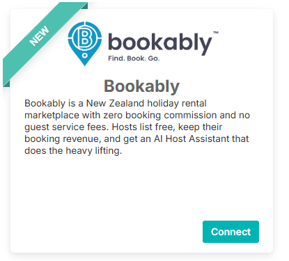 The Bookably tile in the Hostaway Marketplace, showing the Bookably logo, a short description of the New Zealand holiday rental marketplace, and a Connect button.