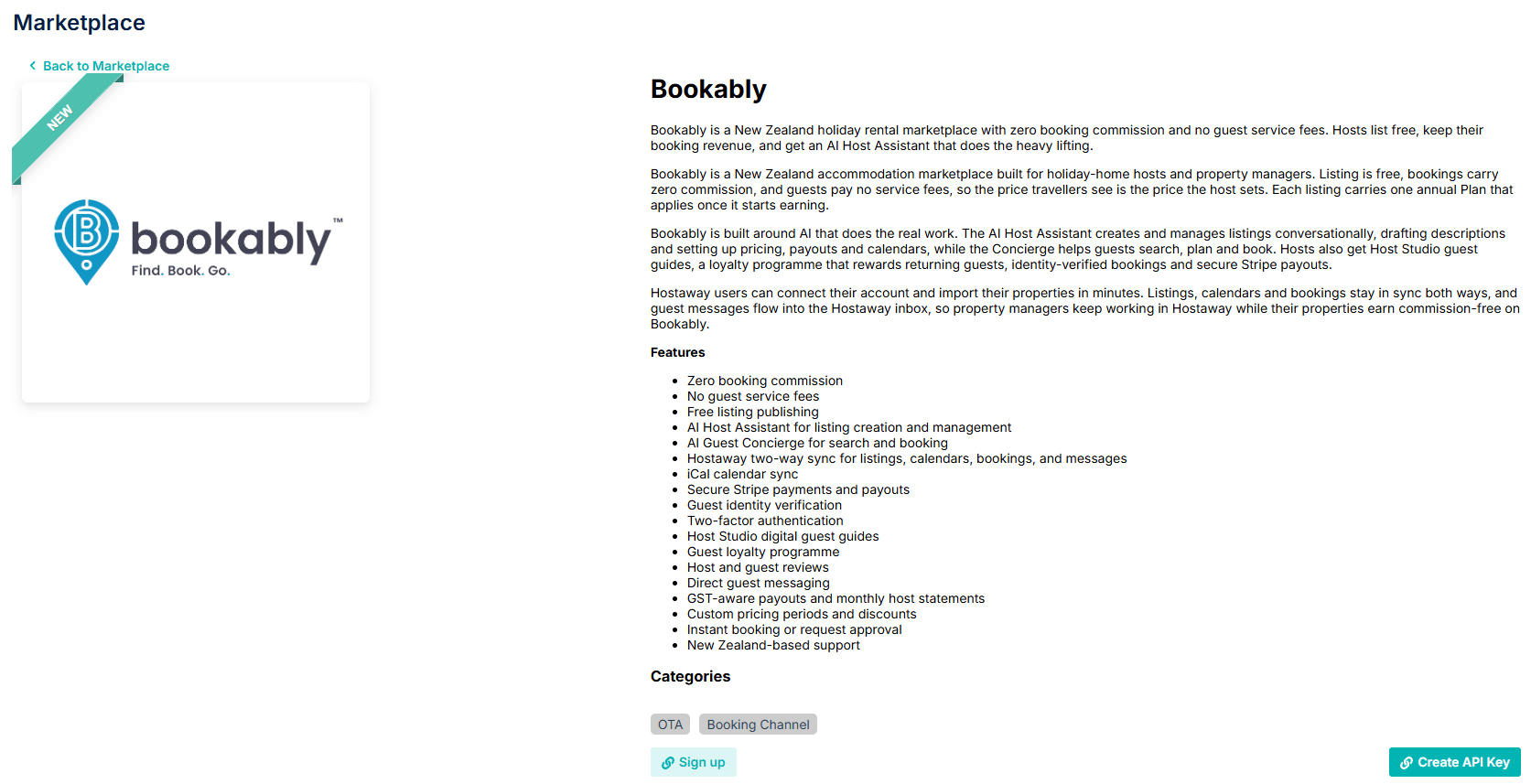 The Bookably listing in the Hostaway Marketplace, with the description and feature list, a Sign up button, and the Create API Key button that generates the Account ID and API key.